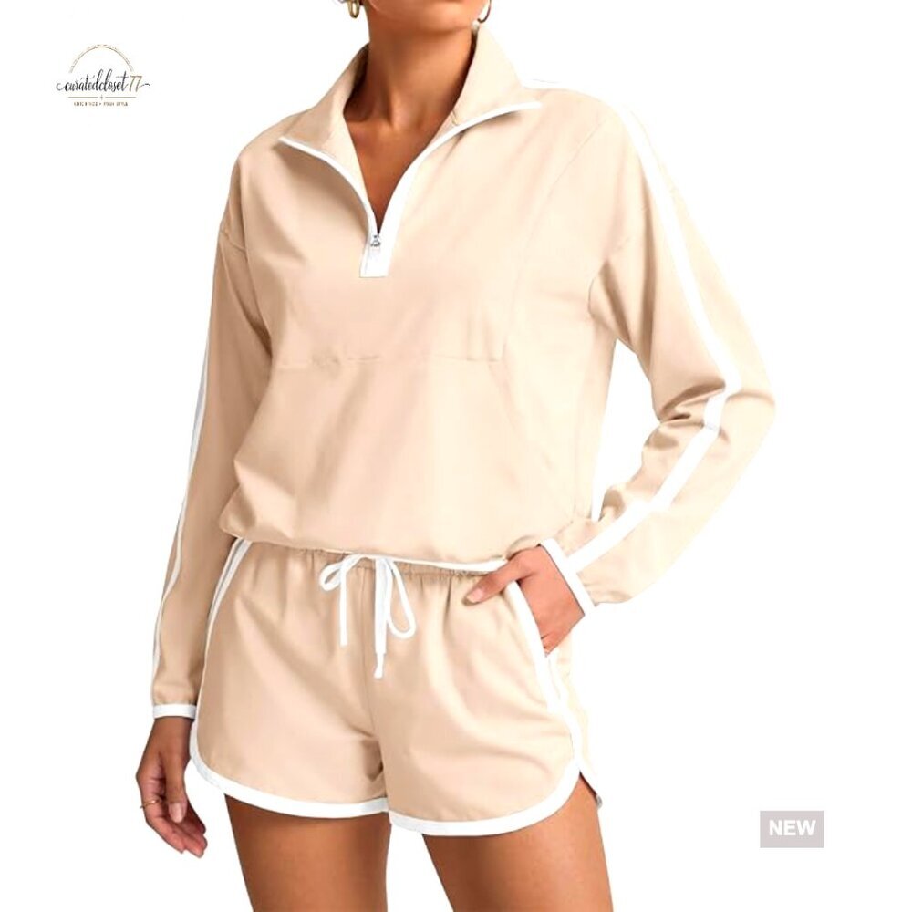 Long Sleeve Zip V-Neck Pullover Top and Shorts 2-Piece Set